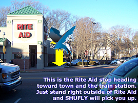 Seton Hall Shuttle virutal tour highlights local shop in town of south orange (Riteaid is pictured).