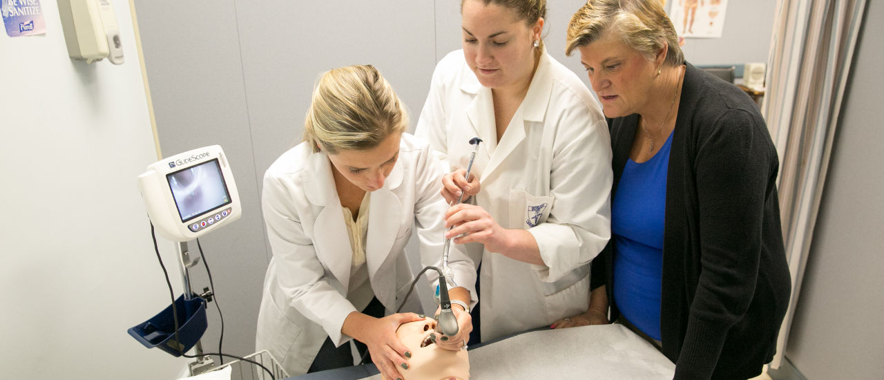 Nursing student working with a dummy patient. 