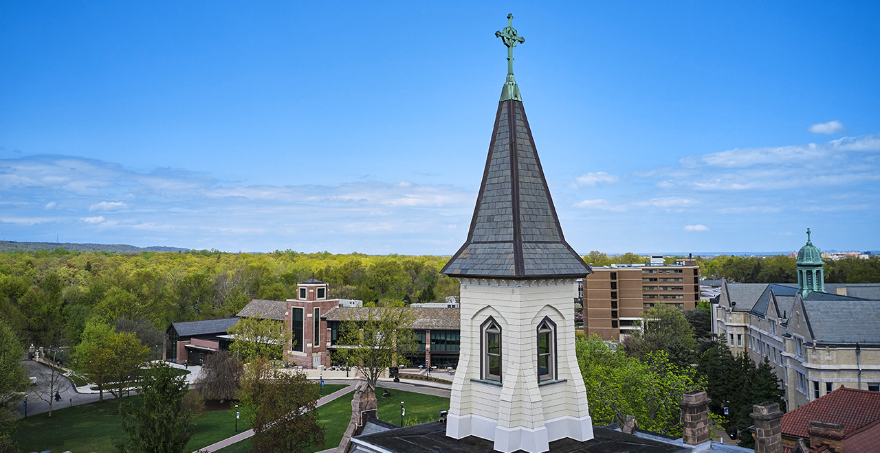 An aerial view of part of the University Green.