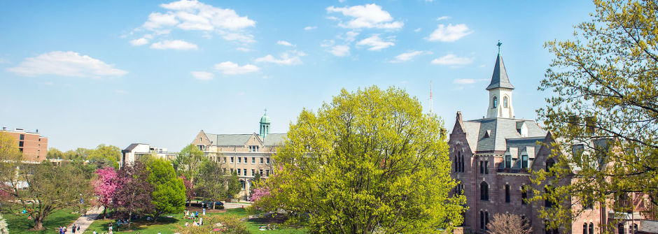 A campus shot of the University Green and President's Hall. 