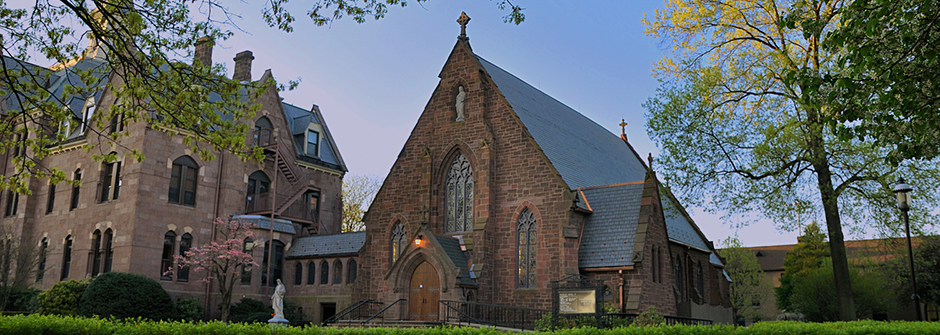 An image of the chapel at twilight. 