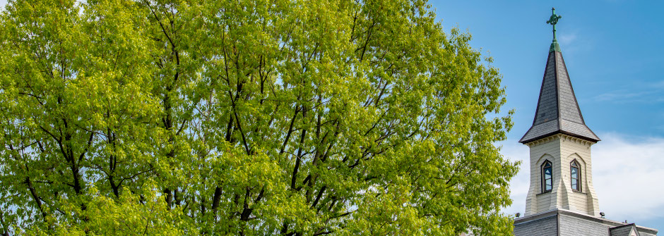 Image of a chapel near trees. 