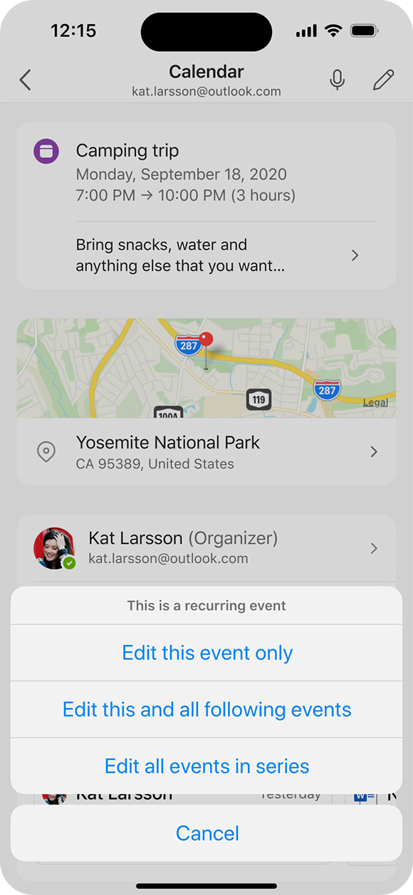 Screenshot of recurring events on outlook