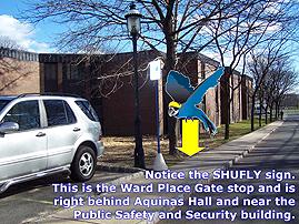 Seton Hall Shuttle virtual tour highlights Seton Hall Shuttle stop near Ward place. Location is right behind Aquinas Hall near public safety and security building.