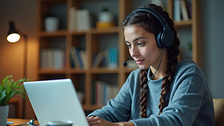 Women with headphones on a laptop